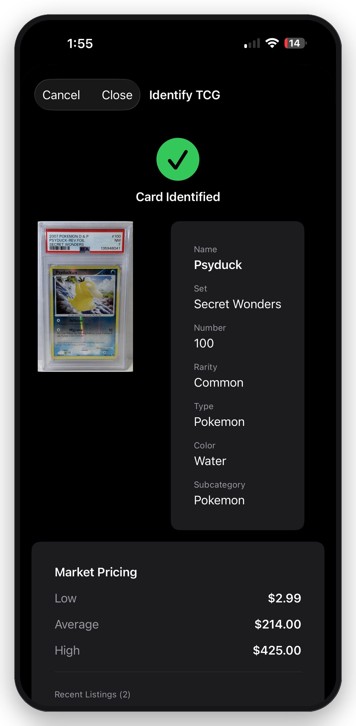Nostalgic Avenue app — card identified