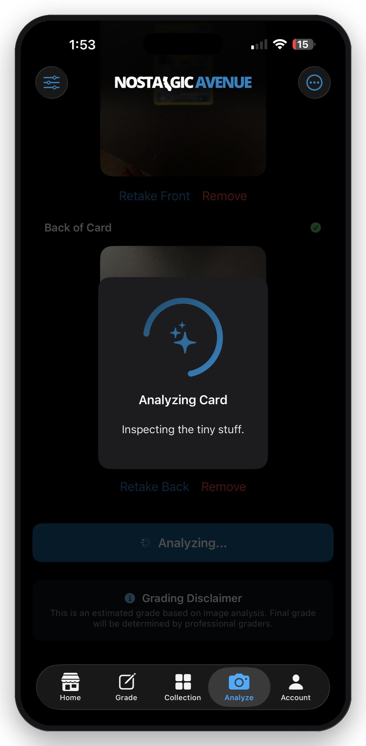 Nostalgic Avenue app — analyzing a card